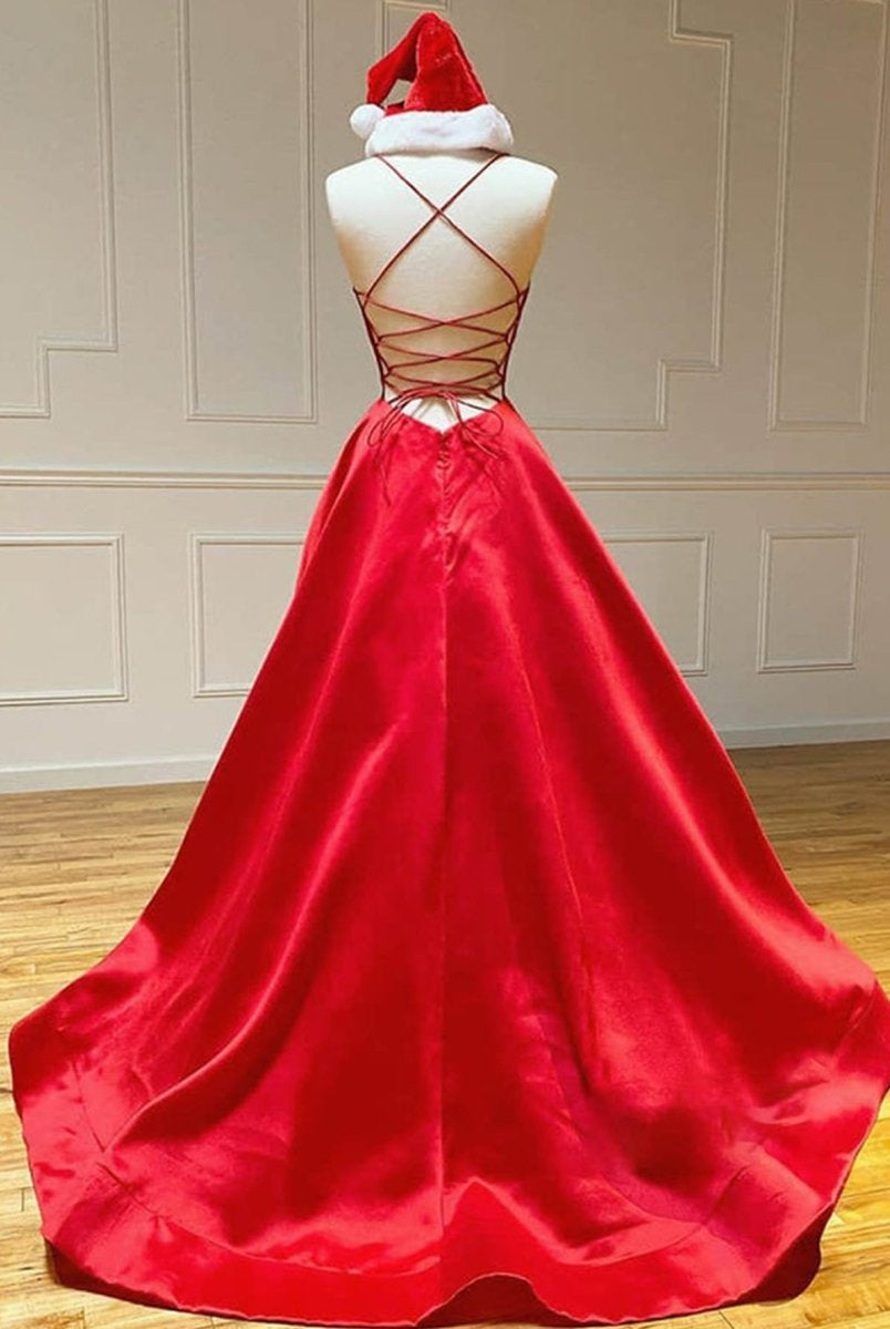 Royal Blue Satin A Line V Neck Long Prom Dress - KissProm