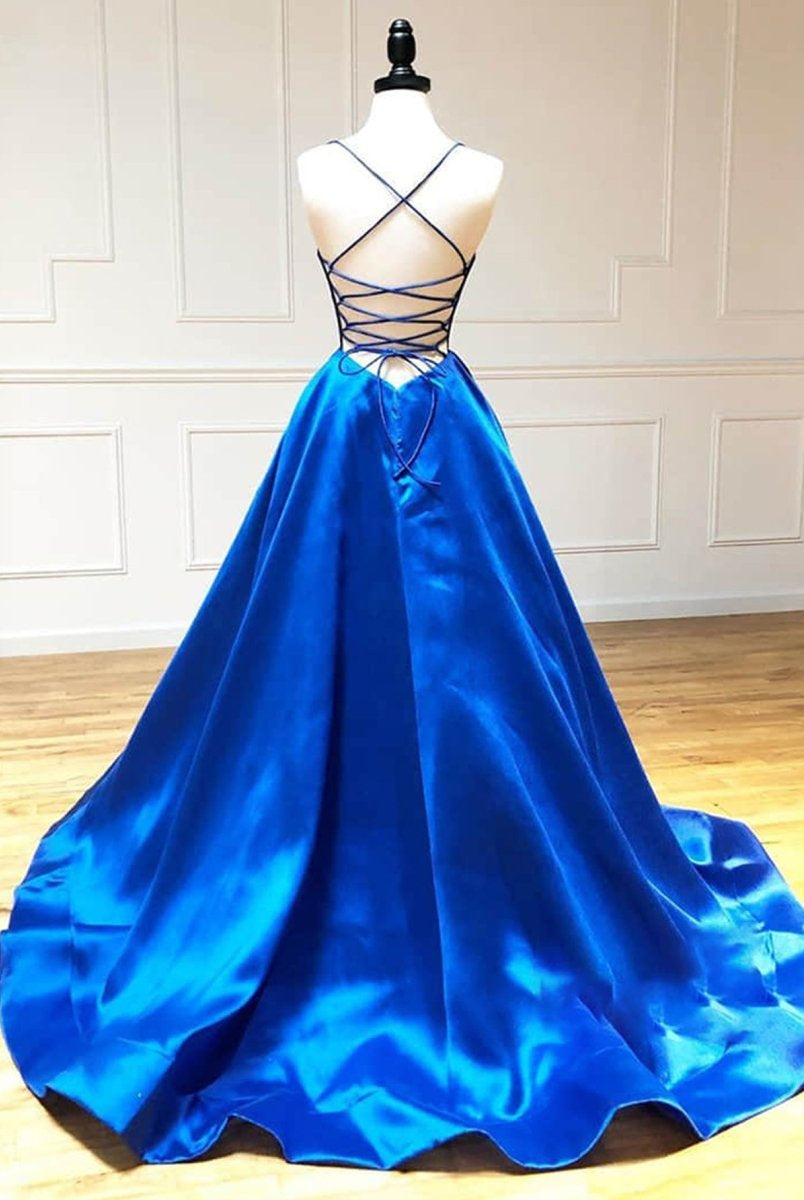 Royal Blue Satin A Line V Neck Long Prom Dress - KissProm