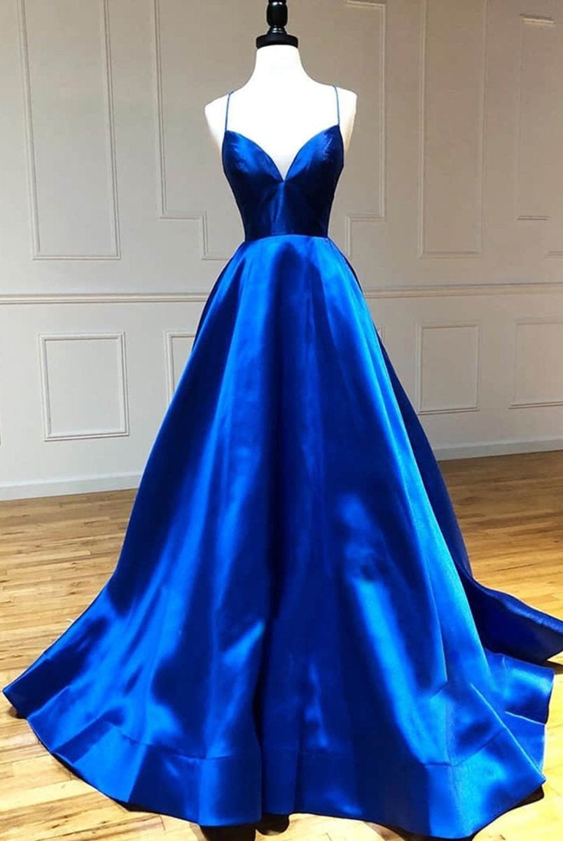 Royal Blue Satin A Line V Neck Long Prom Dress - KissProm