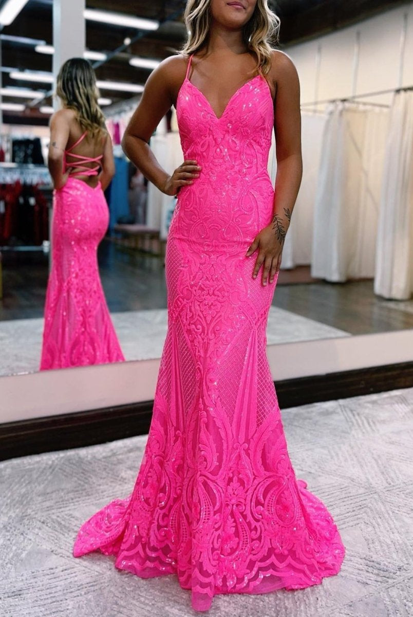 V Neck Pink Glitter Backless Mermaid Bodycon Long Prom Dress