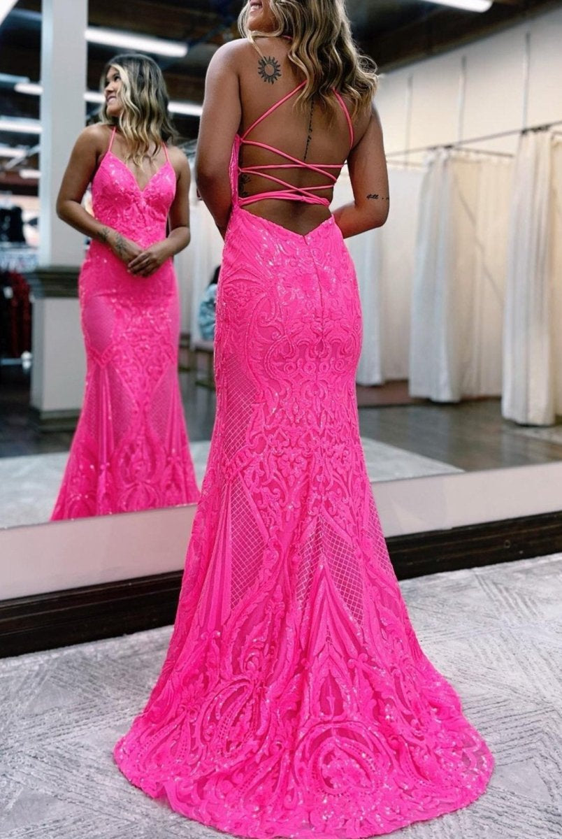 V Neck Pink Glitter Backless Mermaid Bodycon Long Prom Dress