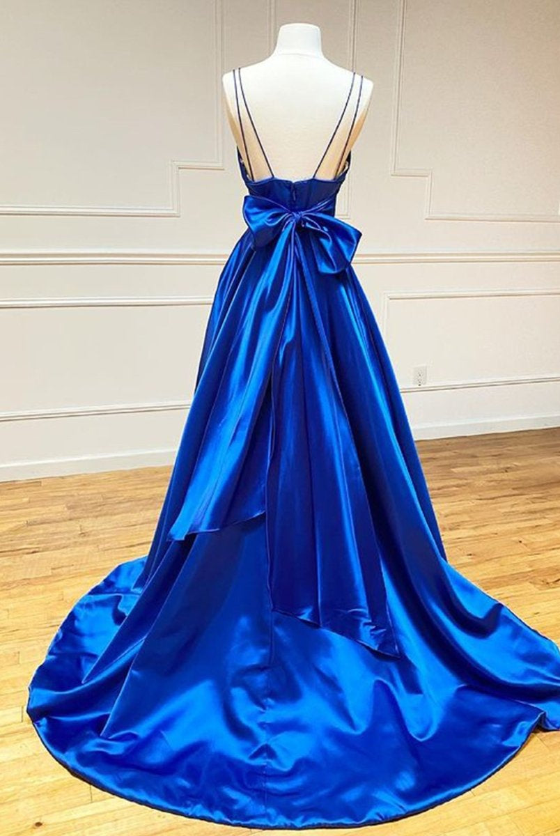Royal Blue Satin A Line V Neck Long Prom Dress With Bow Tie - KissProm