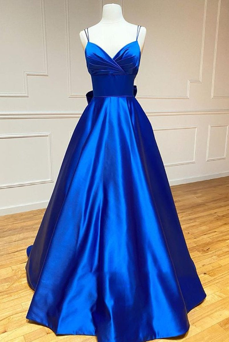Royal Blue Satin A Line V Neck Long Prom Dress With Bow Tie - KissProm