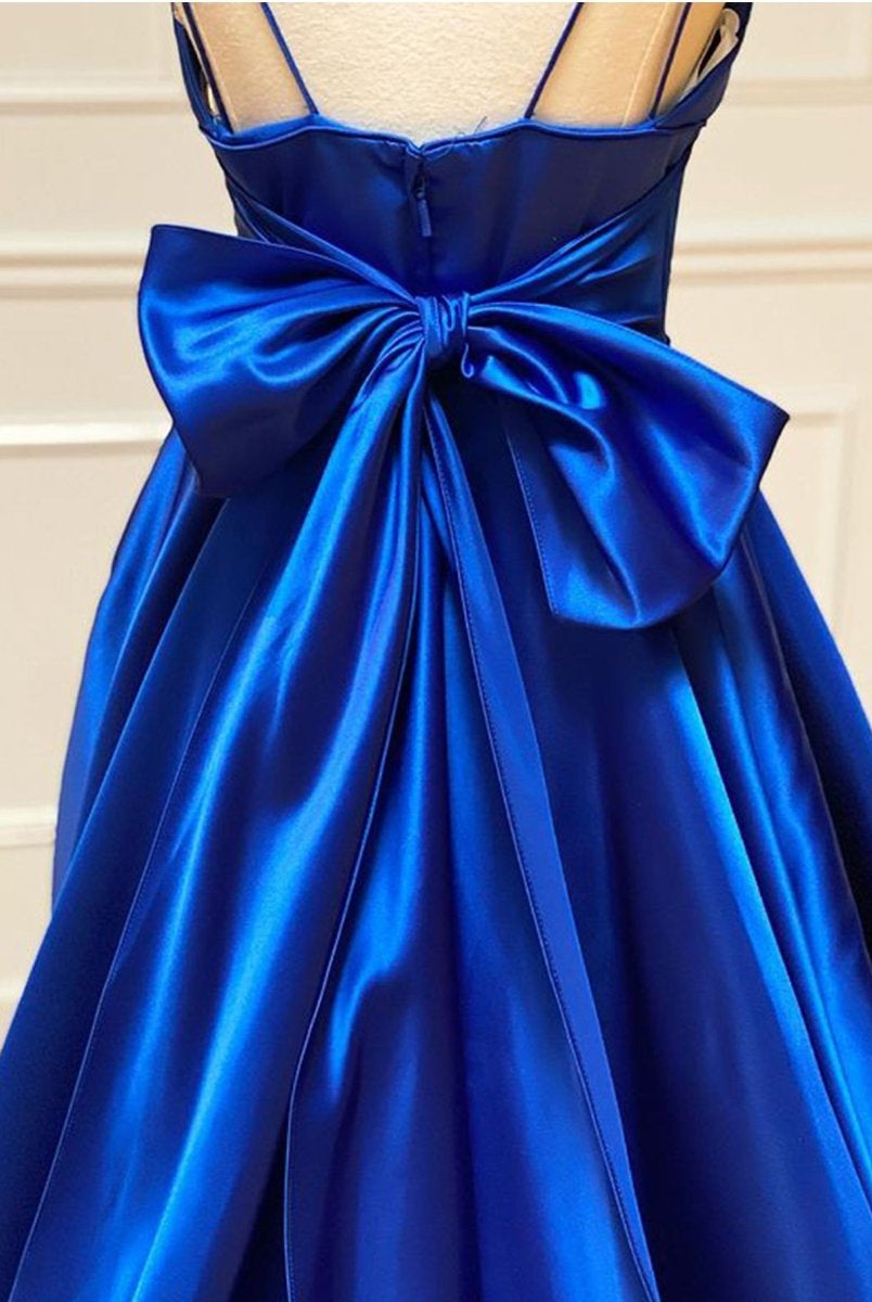 Royal Blue Satin A Line V Neck Long Prom Dress With Bow Tie - KissProm