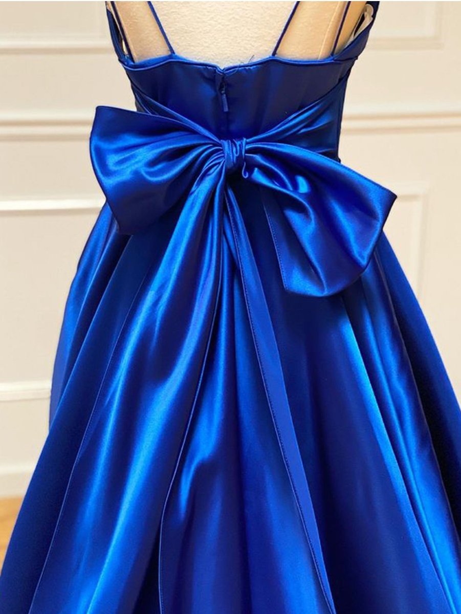 Royal Blue Satin A Line V Neck Long Prom Dress With Bow Tie - KissProm