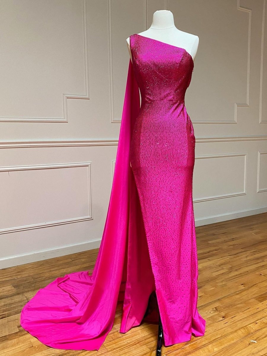 One Shoulder Glitter Mermaid Pink Long Prom Dress - KissProm