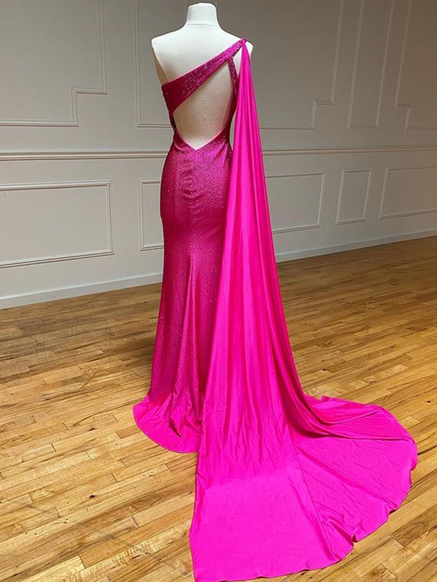 One Shoulder Glitter Mermaid Pink Long Prom Dress - KissProm