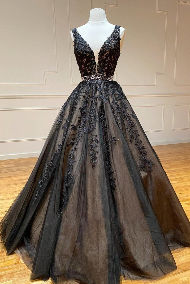 A Line Black V Neck Lace Long Prom Dress