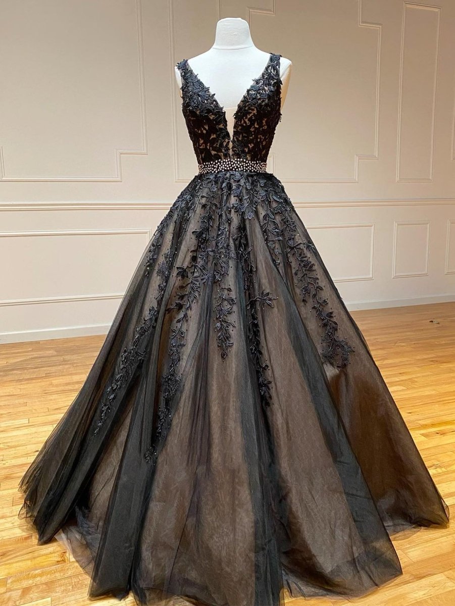 A-Line Prom Dress Lace-up Sleeveless V Neck Black Satin Pleats Beaded, Pocket main image 0