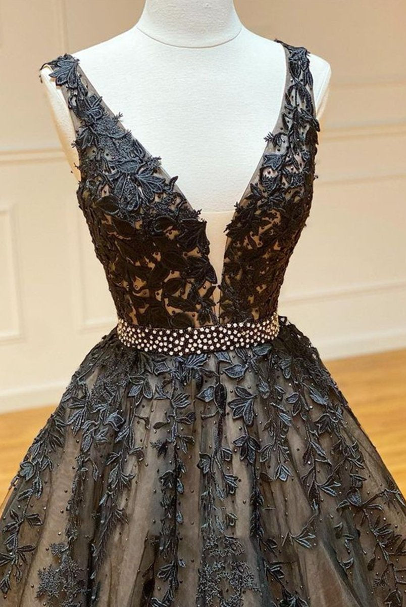 A Line Black V Neck Lace Long Prom Dress