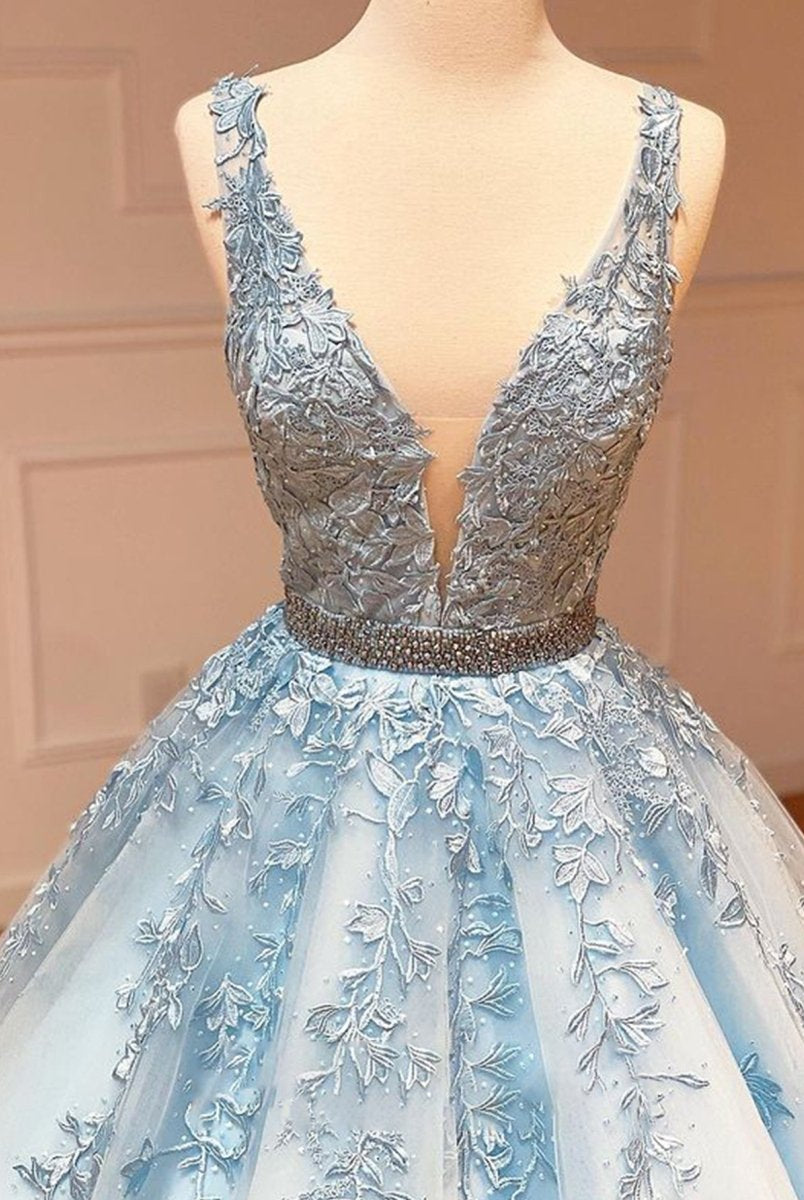 A Line Black V Neck Lace Long Prom Dress