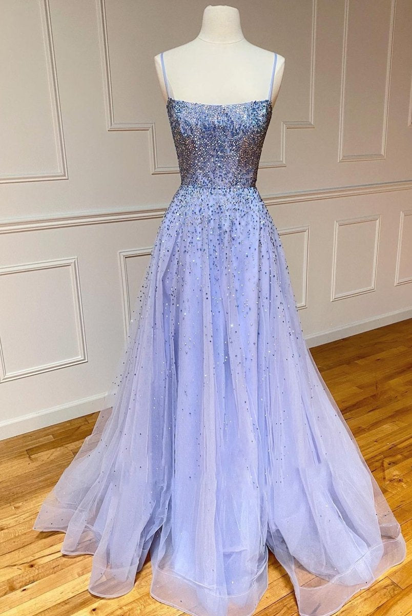 Light Blue Glitter Tulle Long Prom Dress - KissProm