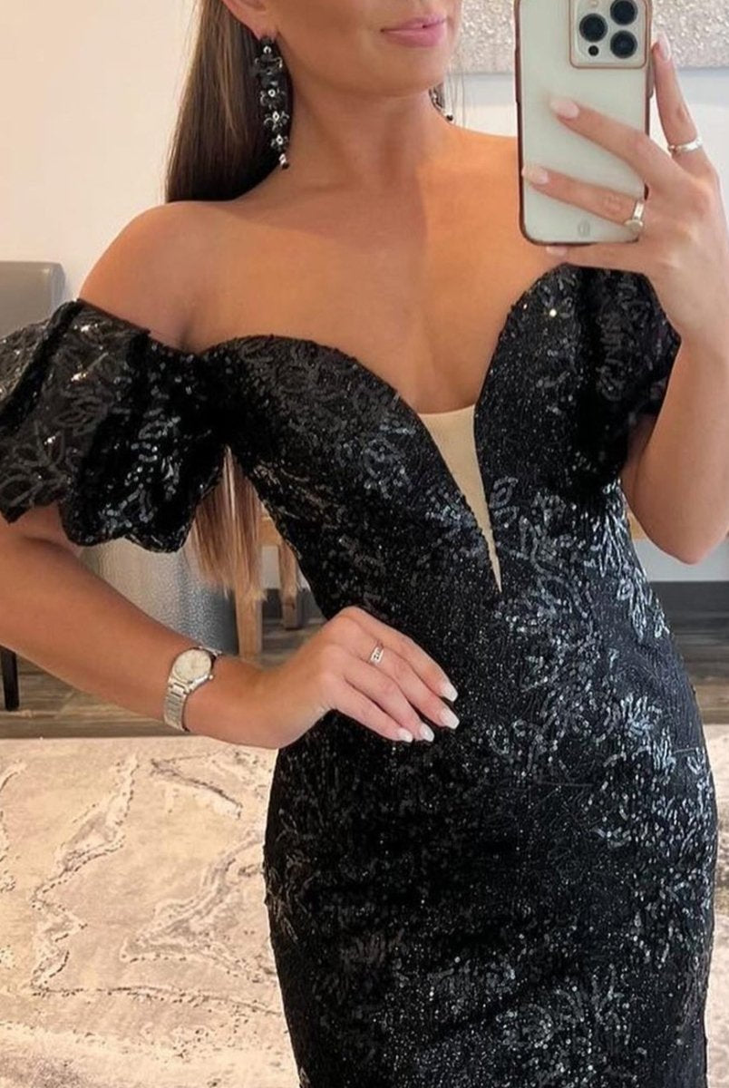 Black Strapless Sequins Long Mermaid Prom Dress - KissProm
