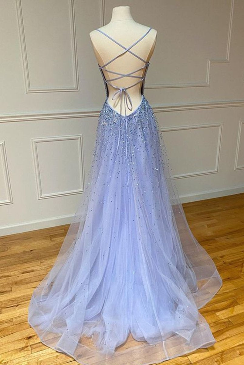 Light Blue Glitter Tulle Long Prom Dress - KissProm