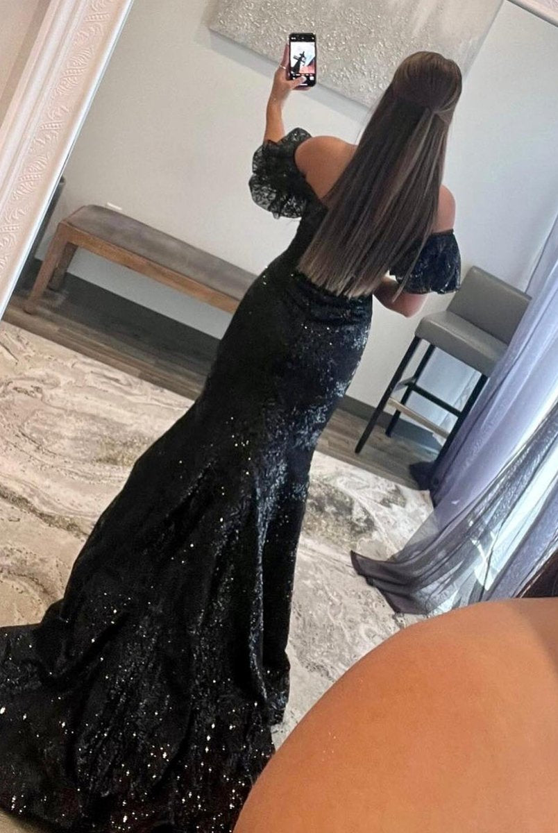 Black Strapless Sequins Long Mermaid Prom Dress - KissProm