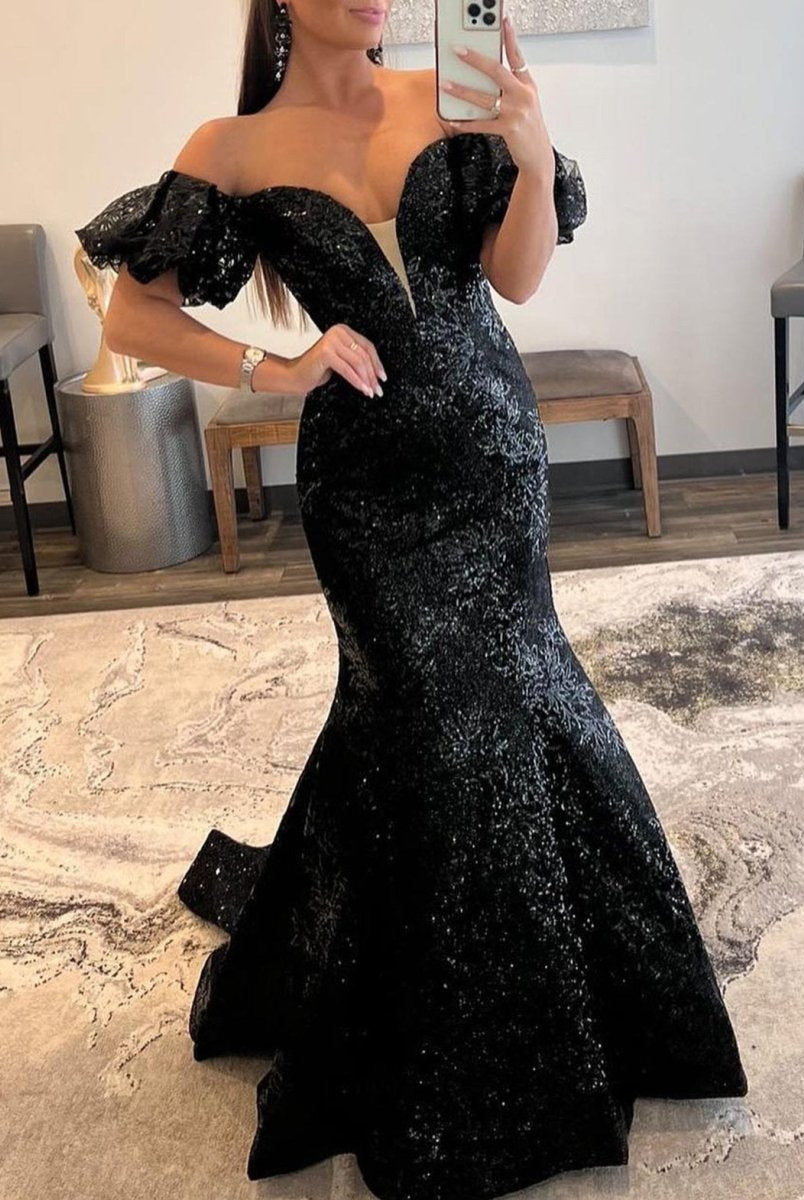 Black Strapless Sequins Long Mermaid Prom Dress - KissProm