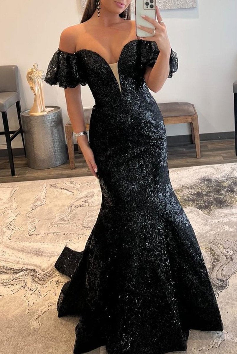 Black Strapless Sequins Long Mermaid Prom Dress - KissProm