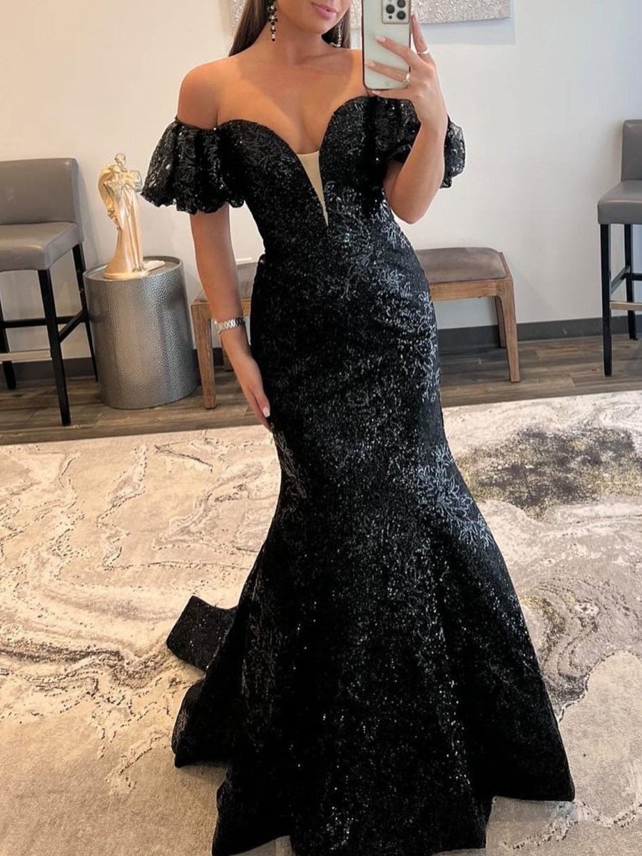 Black Strapless Sequins Long Mermaid Prom Dress - KissProm