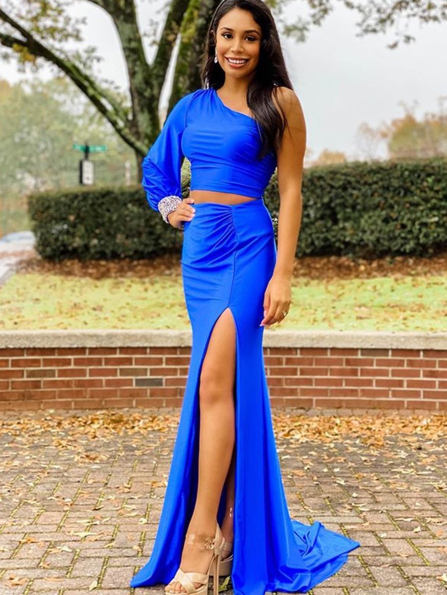 Satin Mermaid One Shoulder Two Pieces Set Black Long Prom Dress - KissProm