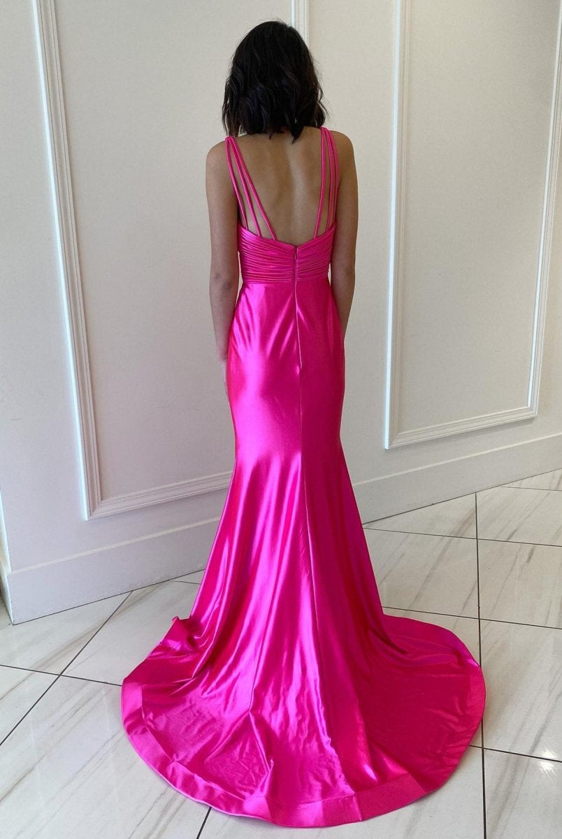 Backless Pink V Neck Long Prom Dress - KissProm