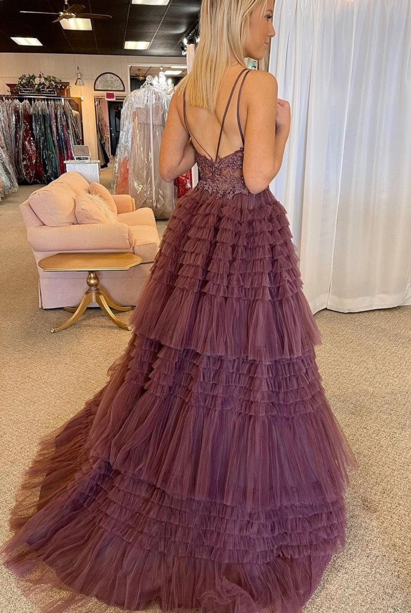 Black V Neck Asymmetrical Tulle Long Prom Dress - KissProm