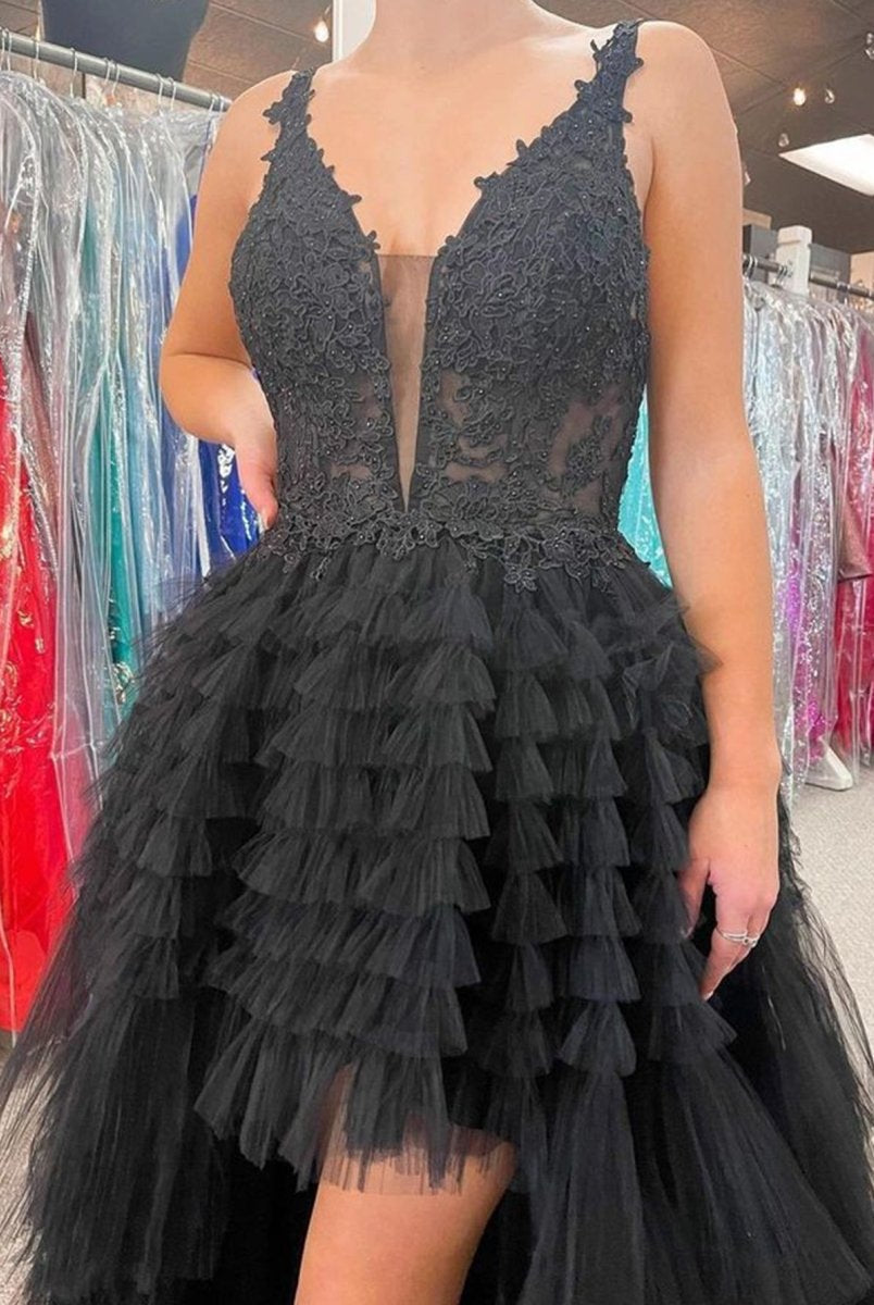 Black V Neck Asymmetrical Tulle Long Prom Dress - KissProm