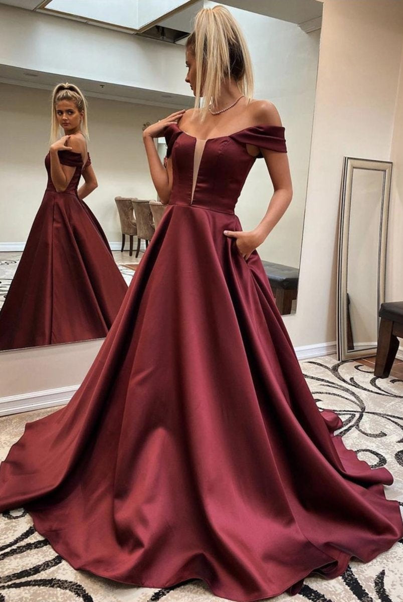 Dark Red A Line Off The Shoulder Long Prom Dress - KissProm