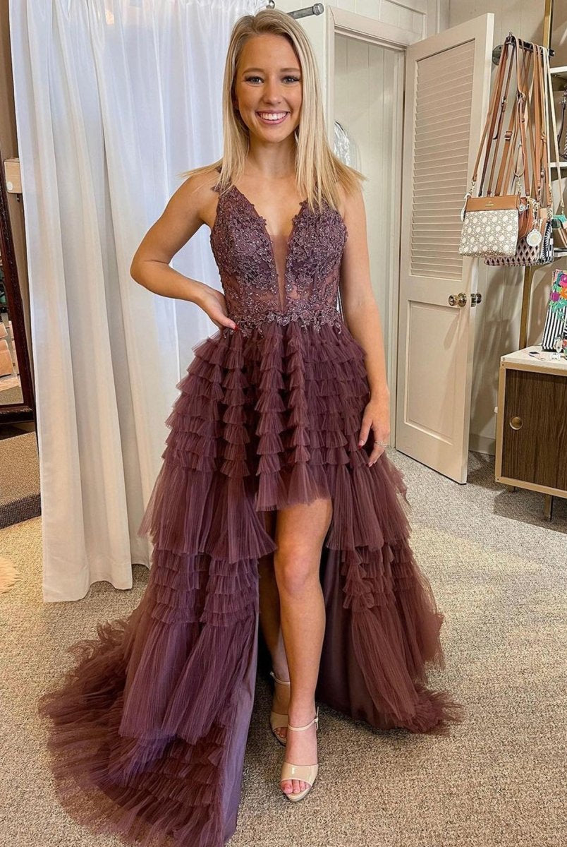 Black V Neck Asymmetrical Tulle Long Prom Dress - KissProm