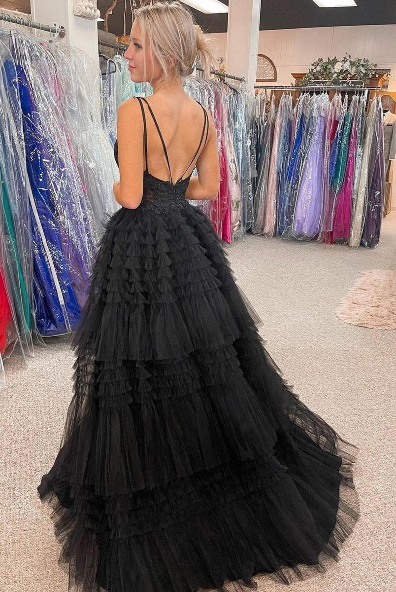 Black V Neck Asymmetrical Tulle Long Prom Dress - KissProm