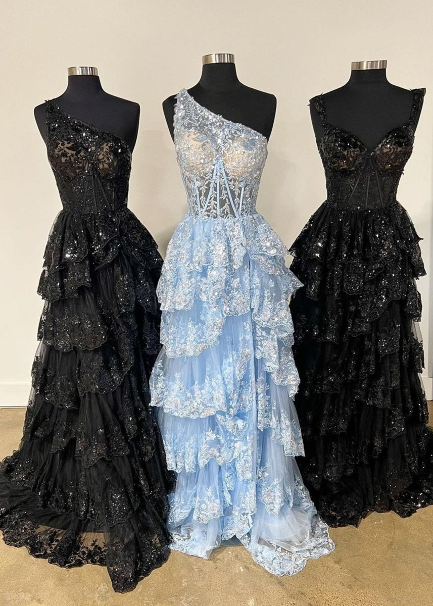 KissProm-Livia Sky Blue Sheath One Shoulder Tiered Lace Long Prom Dress