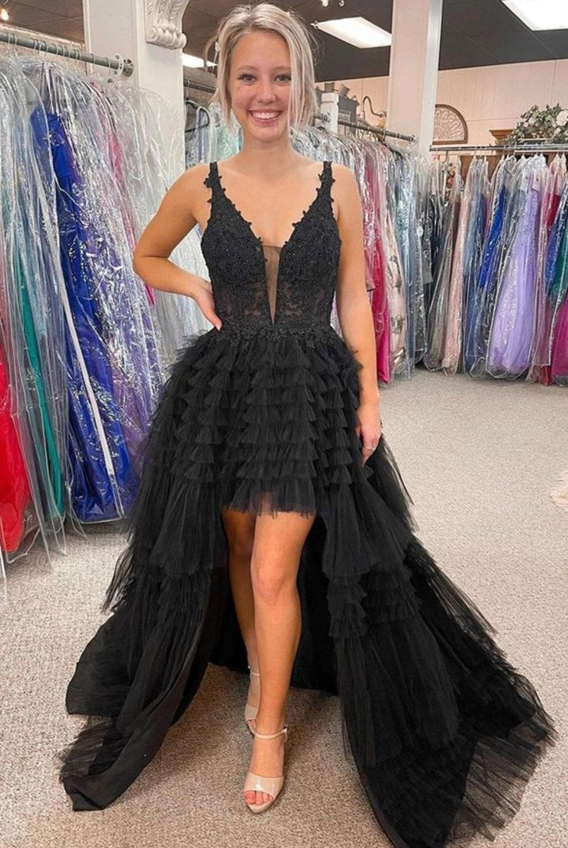 Black V Neck Asymmetrical Tulle Long Prom Dress - KissProm