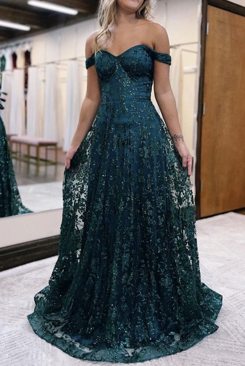 Glitter Mermaid Off The Shoulder Dark Green Long Prom Dress - KissProm