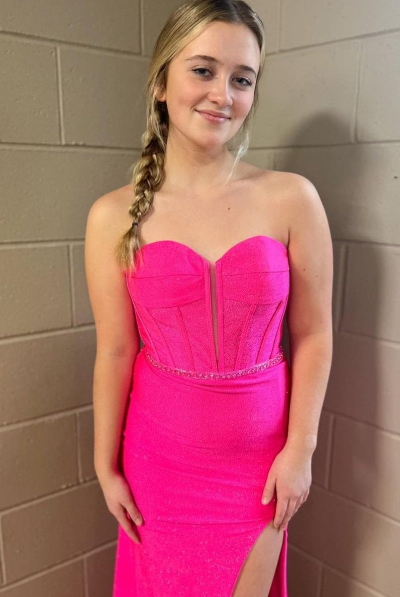 Iliana | Pink Mermaid Strapless Tight Long Prom Dress With Slit - KissProm