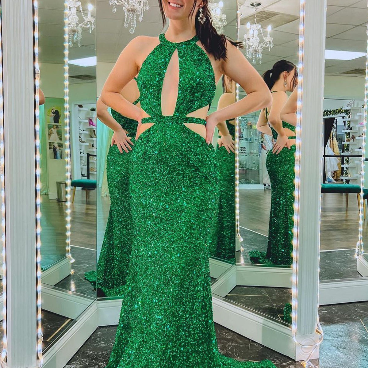 Glorious Dark Green Prom Dress - Long Sleeves Mermaid Off-the-Shoulder With Slit main image 1