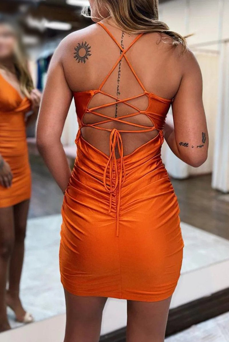 Journi | Orange Lace-Up Back Spaghetti Straps Tight Short Homecoming Dress