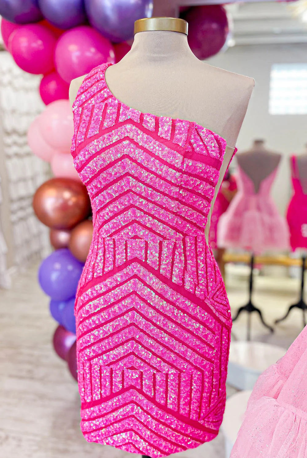 Hot Pink Sheath One Shoulder Sequins Short Homecoming Dress