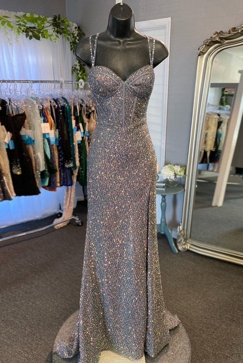 V Neck Grey Glitter Long Prom Dress With Slit - KissProm