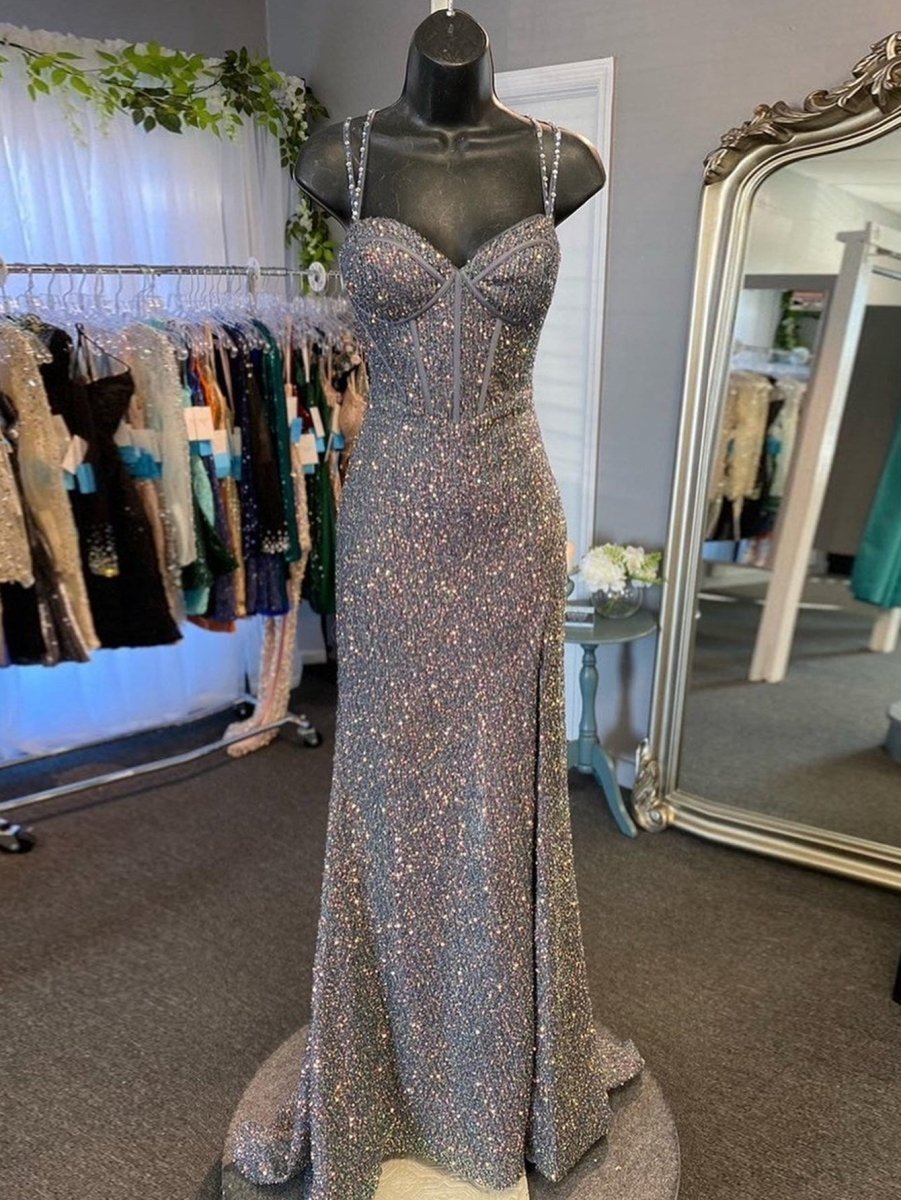 V Neck Grey Glitter Long Prom Dress With Slit - KissProm