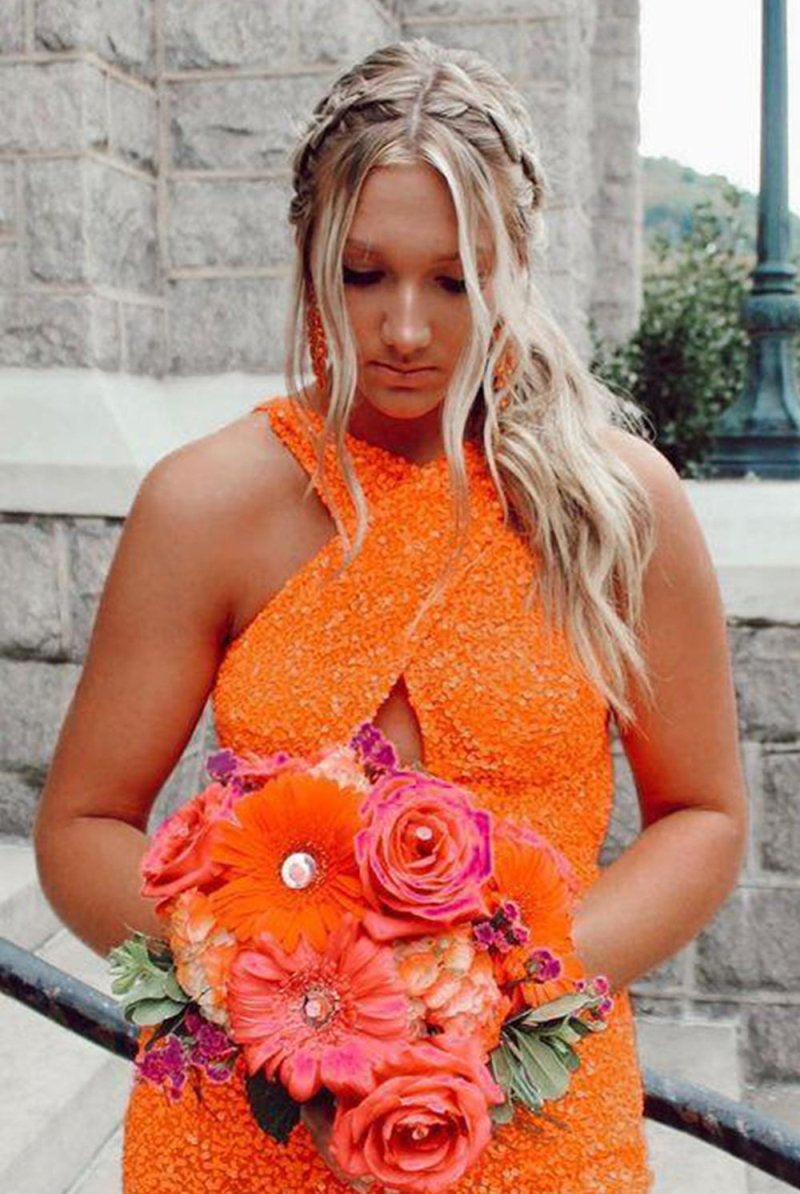 Melany | Glitter Turquoise Halter Backless Sequins Tight Homecoming Dress