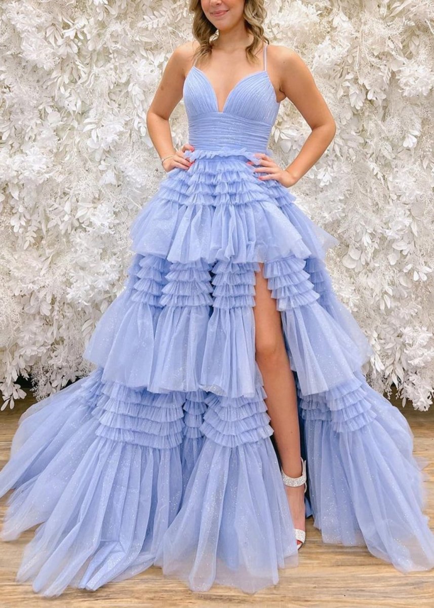Amanda | Tulle Deep V Neck Spaghetti Straps Long Prom Dress