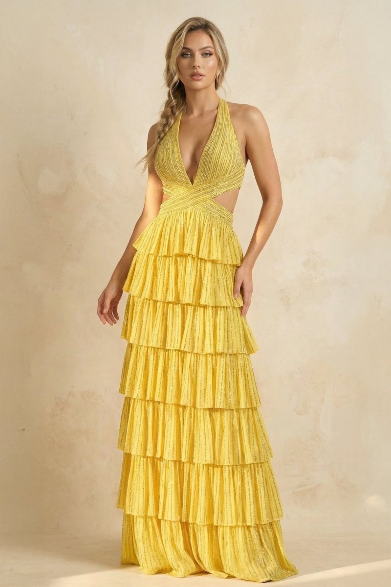 Yellow - A-Line Halter Satin Beaded Long Prom Dresses With Ruffles Yellow - A-Line Halter Satin Beaded Long Prom Dresses With Ruffles