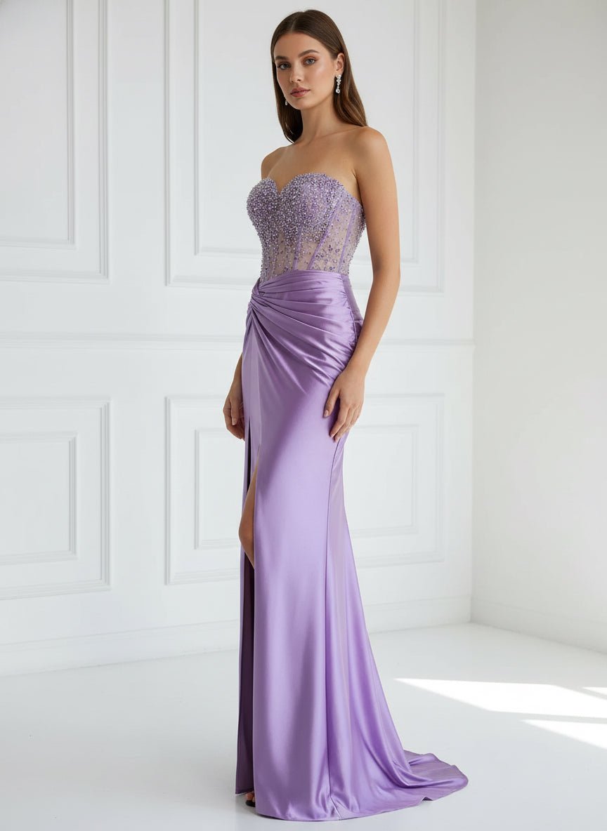 Eirene | Purple Sweetheart Mermaid Satin Long Prom Dress with Beading - KissProm