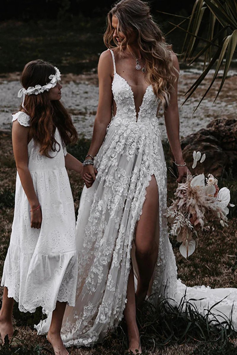 Henley | White Boho A-Line Lace Wedding Dress with Appliques – KissProm