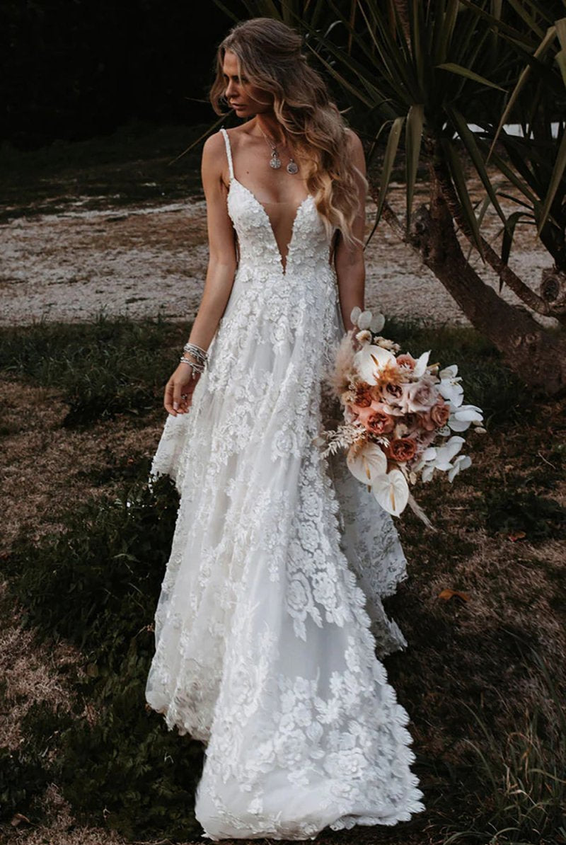 Henley | White Boho A-Line Lace Wedding Dress with Appliques