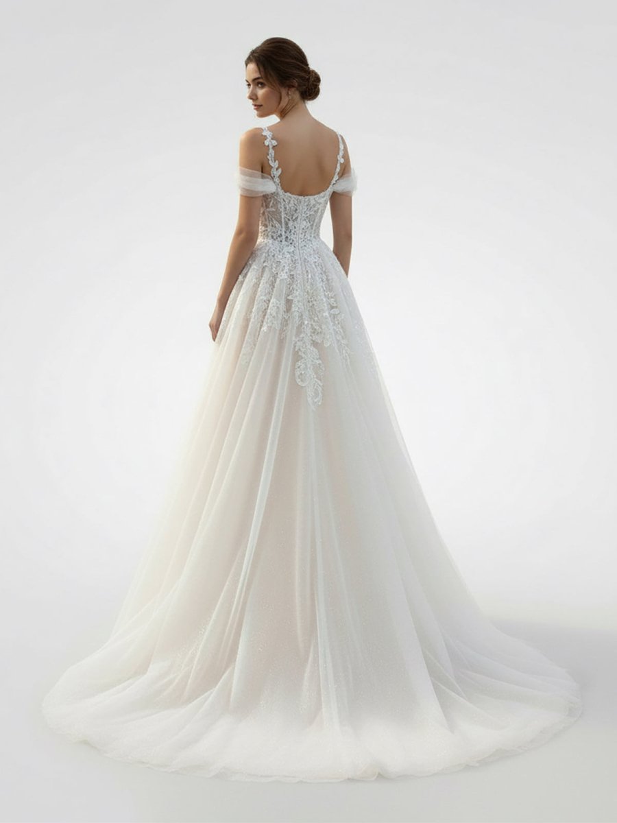 Elodika | A - Line Off - The - Shoulder Tulle Wedding Dresses With Appliques Lace - KissProm
