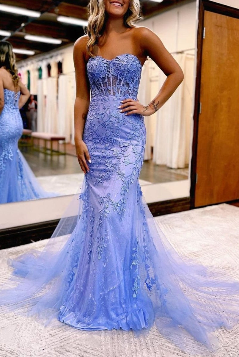 Pink Mermaid Sweetheart Neck Lace Long Prom Dress With Appliques - KissProm