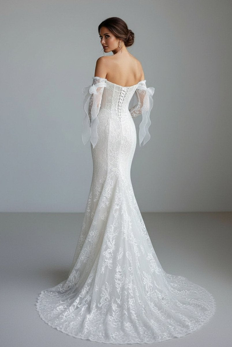 Lace Mermaid Covered - Button Long Sleeve Train Wedding Dress - KissProm