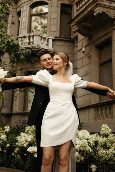 Zola | Bodycon Square Neck Satin Short Wedding Dresses with Lantern Sleeves