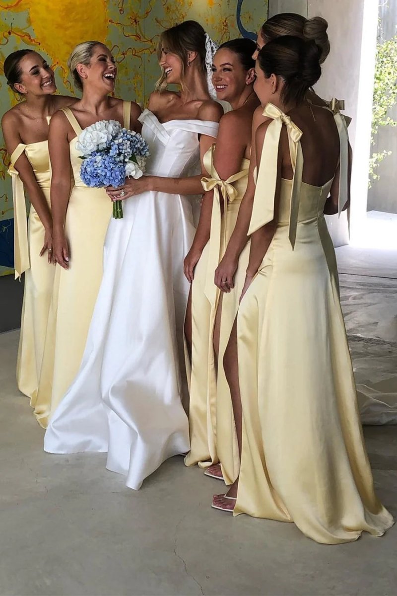 Sheath Straps Yellow Satin Long Bridesmaid Dresses with Slit