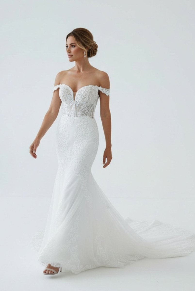 Jream | White Long Tulle Mermaid Wedding Dress with Lace Appliques - KissProm